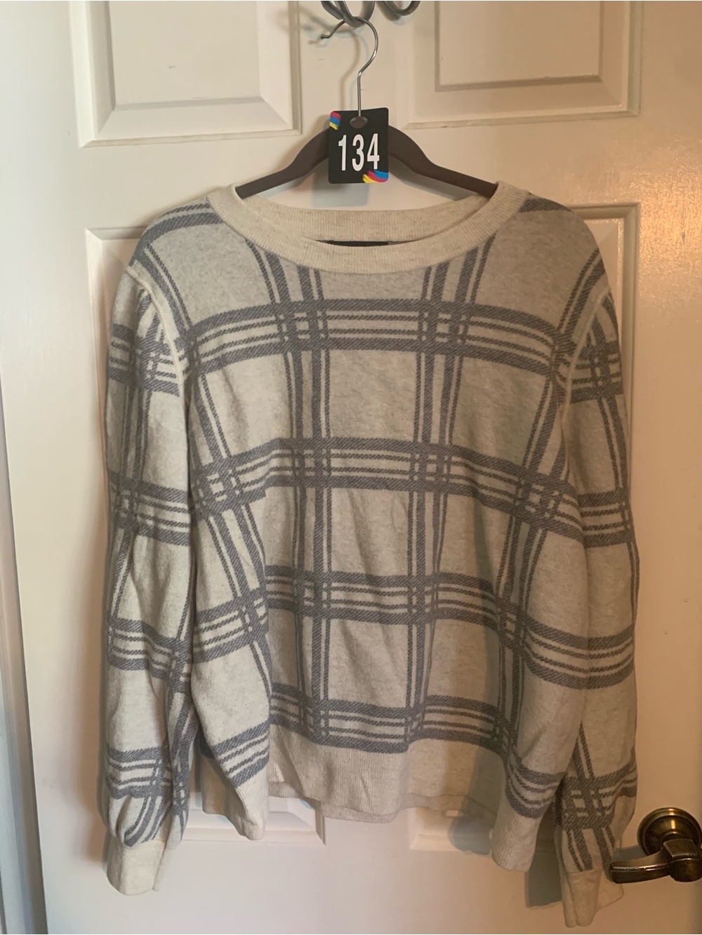 Banana Republic Cream and Gray Plaid Crewneck Sweater